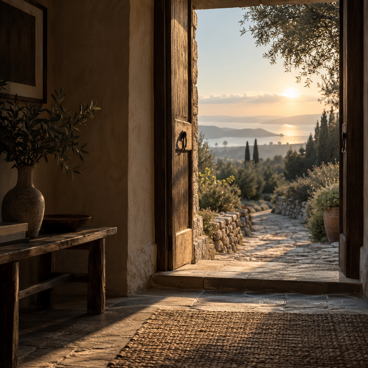 An open doorway leading toward a sunlit path and the sea